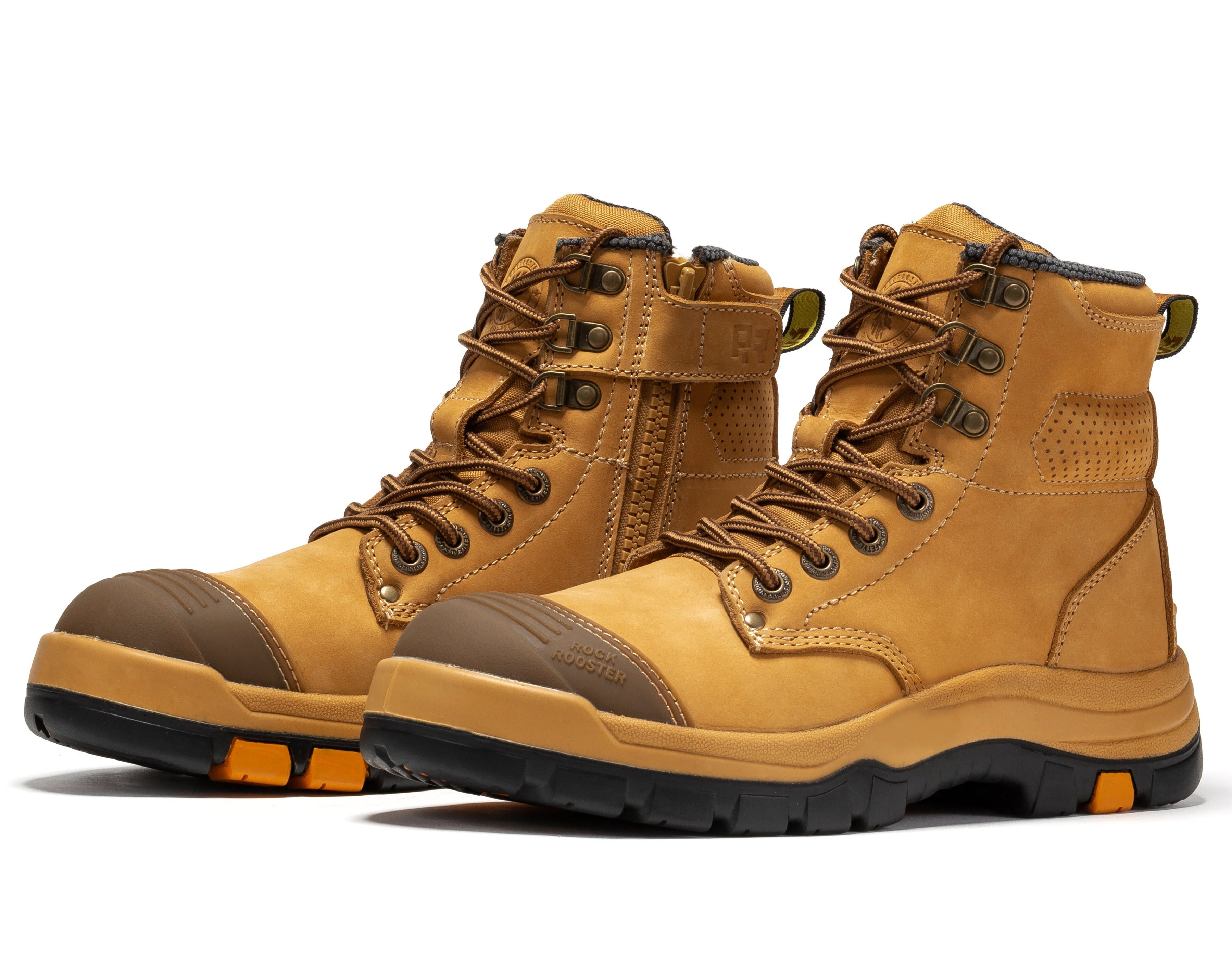 ROCKROOSTER Madison Tan 6 inch Zip-sided Steel Toe Leather Work Boots AK052 - WonderingCloth