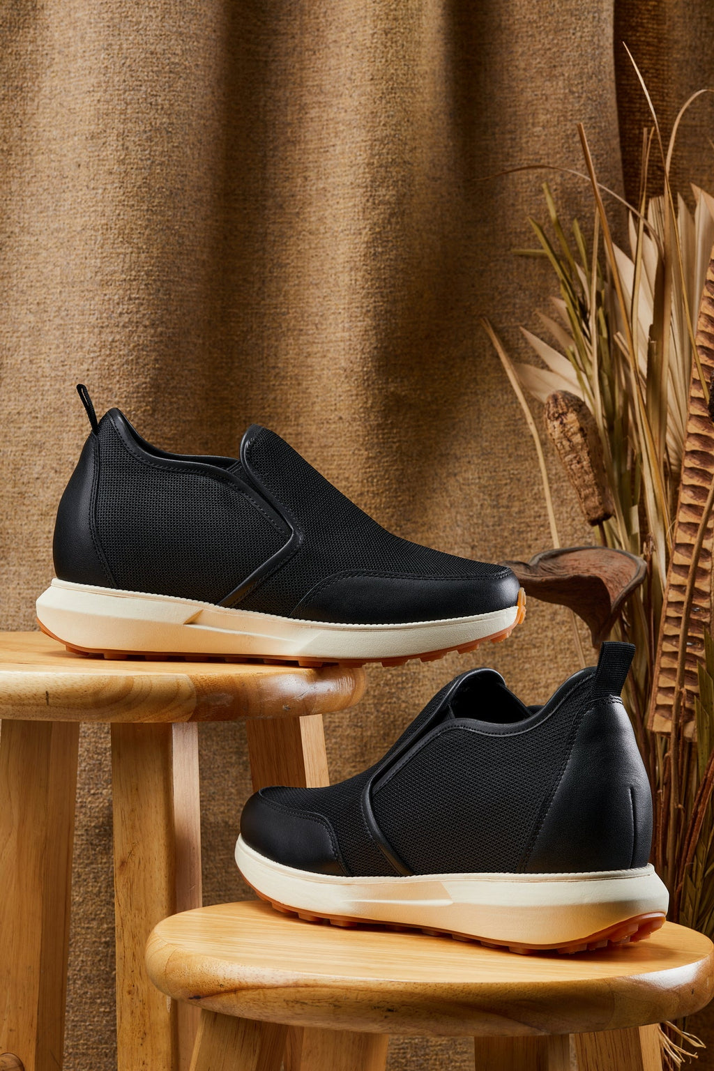 CALTO - J1433  - 3.3 Inches Taller (Black) - Casual Chunky Sole Sneaker Loafers - WonderingCloth