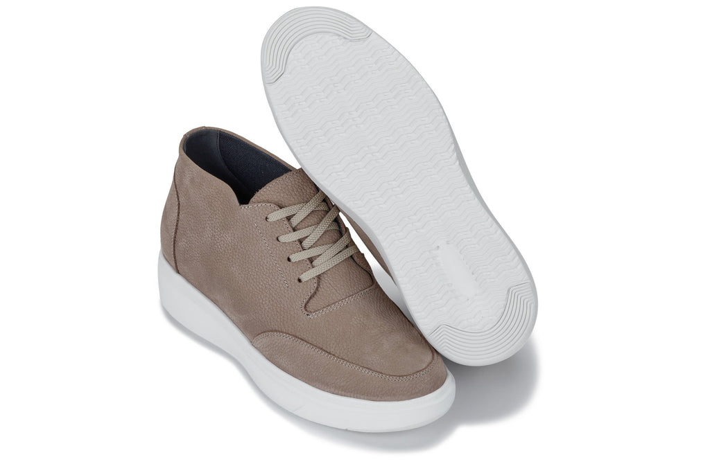 CALTO - J1770  - 3.2 Inches Taller (Khaki) - Casual Chunky Sole Boots – Soft Pebble Grain Nubuck Leather - WonderingCloth