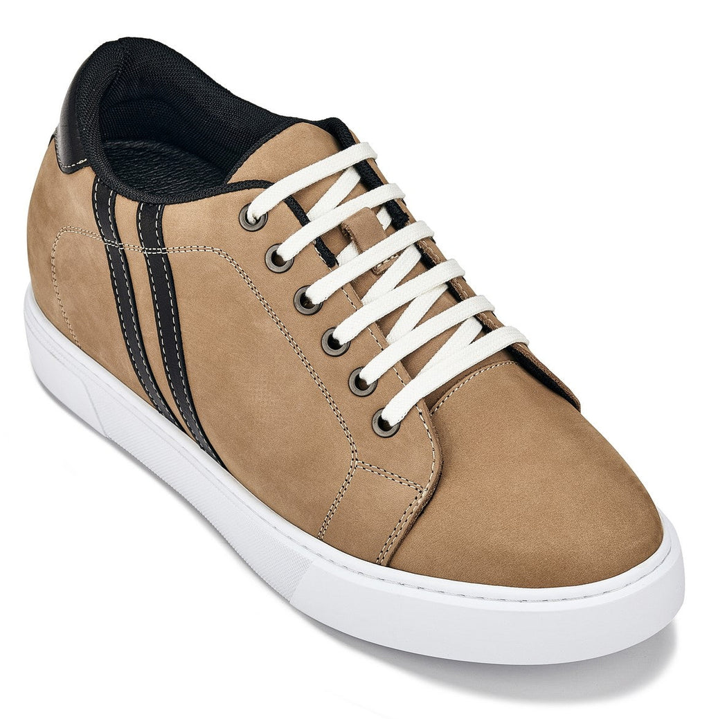 CALTO - K1551 - 2.8 Inches Taller (Nubuck Tan) - Lace Up Casual Sneakers - WonderingCloth