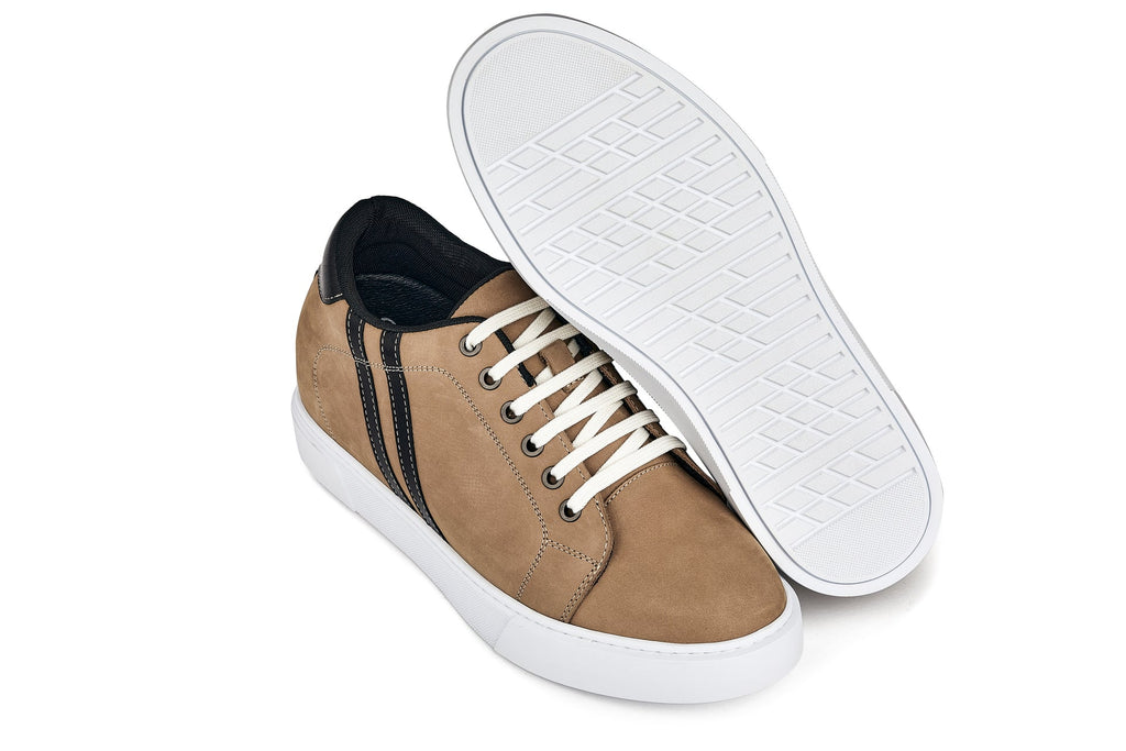 CALTO - K1551 - 2.8 Inches Taller (Nubuck Tan) - Lace Up Casual Sneakers - WonderingCloth