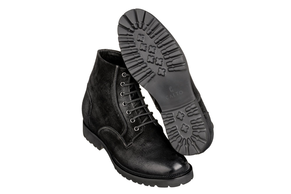 CALTO - K24401 - 3 Inches Taller (Nubuck Black) - Casual Zipper Boots - WonderingCloth