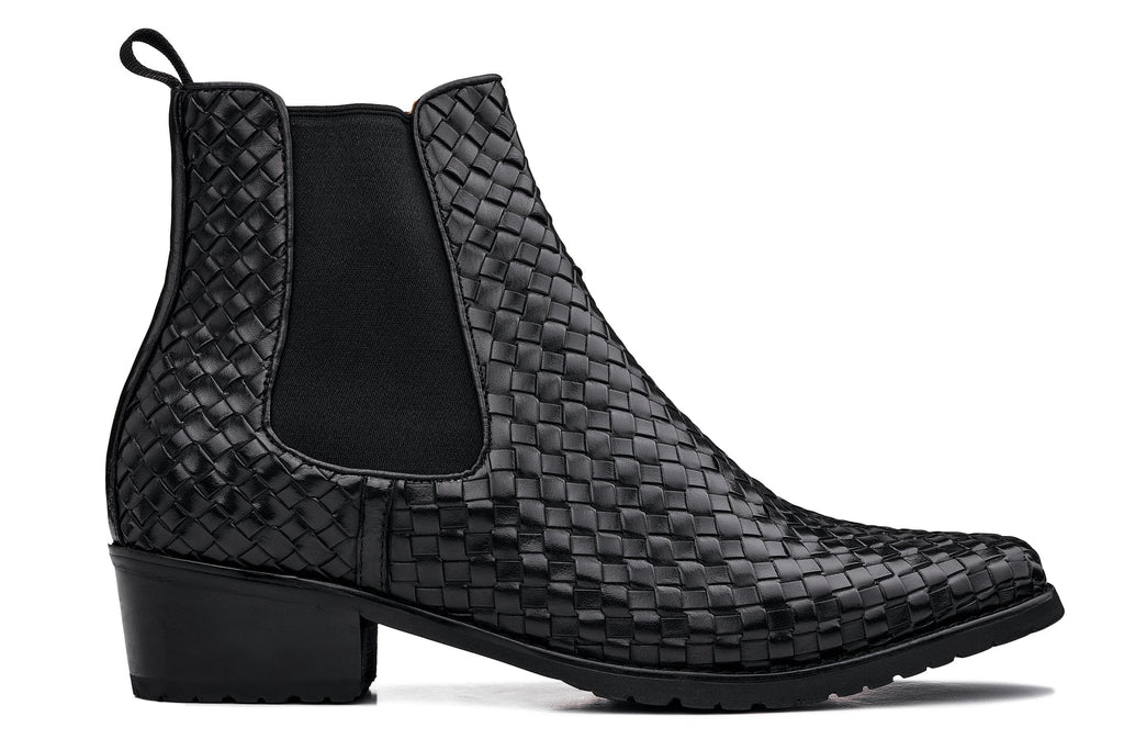 CALTO - K30521 - 3.3 Inches Taller (Black) - Woven Slip-On High-Top Chelsea Ankle Boots - WonderingCloth