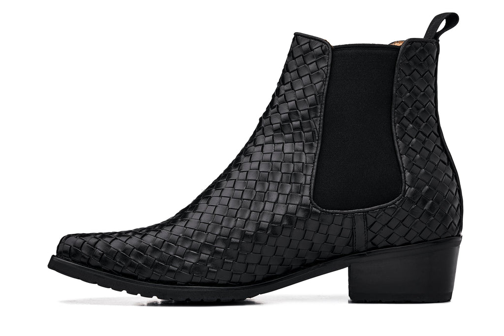 CALTO - K30521 - 3.3 Inches Taller (Black) - Woven Slip-On High-Top Chelsea Ankle Boots - WonderingCloth