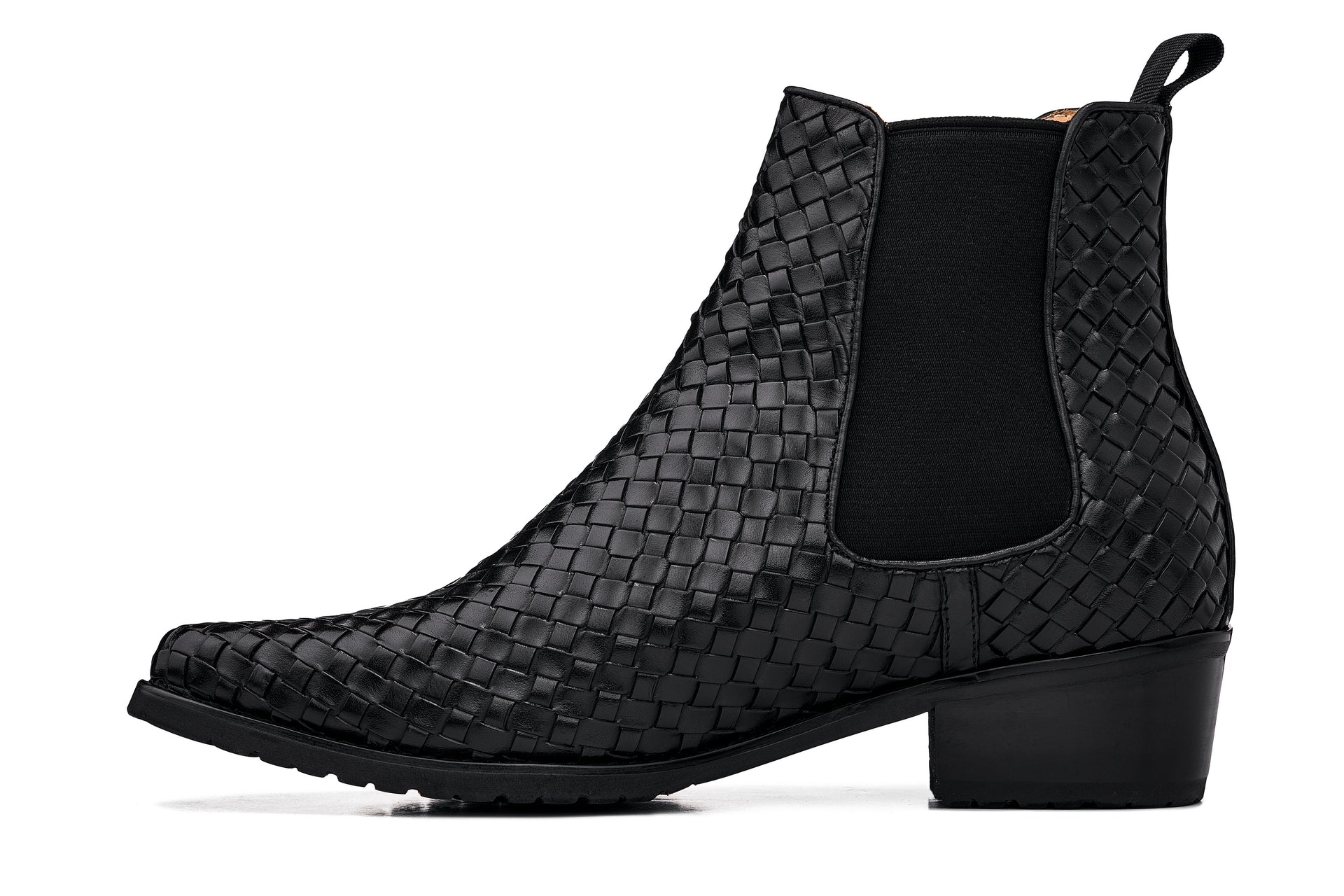 CALTO - K30521 - 3.3 Inches Taller (Black) - Woven Slip-On High-Top Chelsea Ankle Boots - WonderingCloth