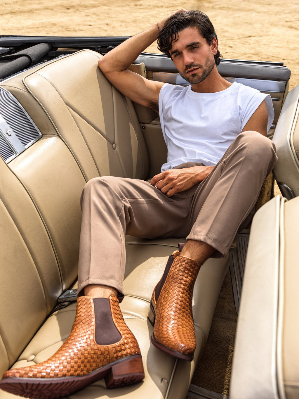 CALTO - K30522 - 3.3 Inches Taller (Brown) - Woven Chelsea High-Top Slip-On Ankle Boots - WonderingCloth