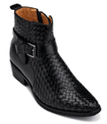 CALTO - K30523 - 3.3 Inches Taller (Black) - Woven High-Top Ankle Buckle Zipper Boots - WonderingCloth