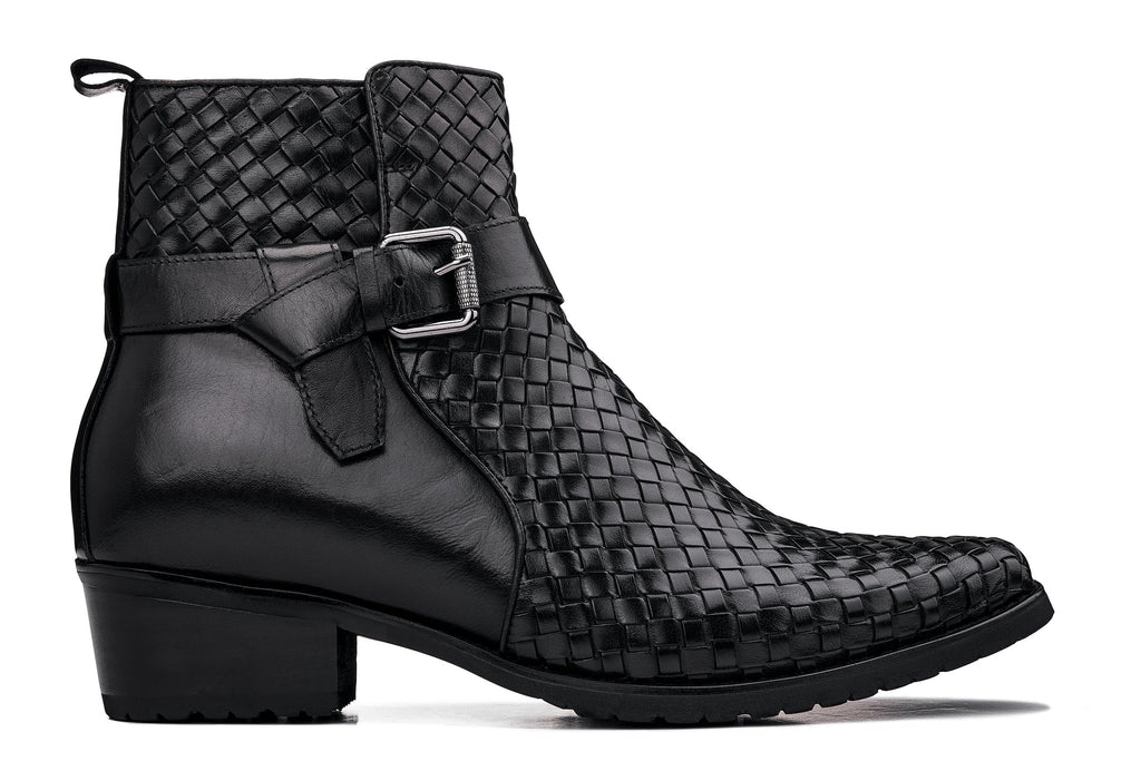 CALTO - K30523 - 3.3 Inches Taller (Black) - Woven High-Top Ankle Buckle Zipper Boots - WonderingCloth