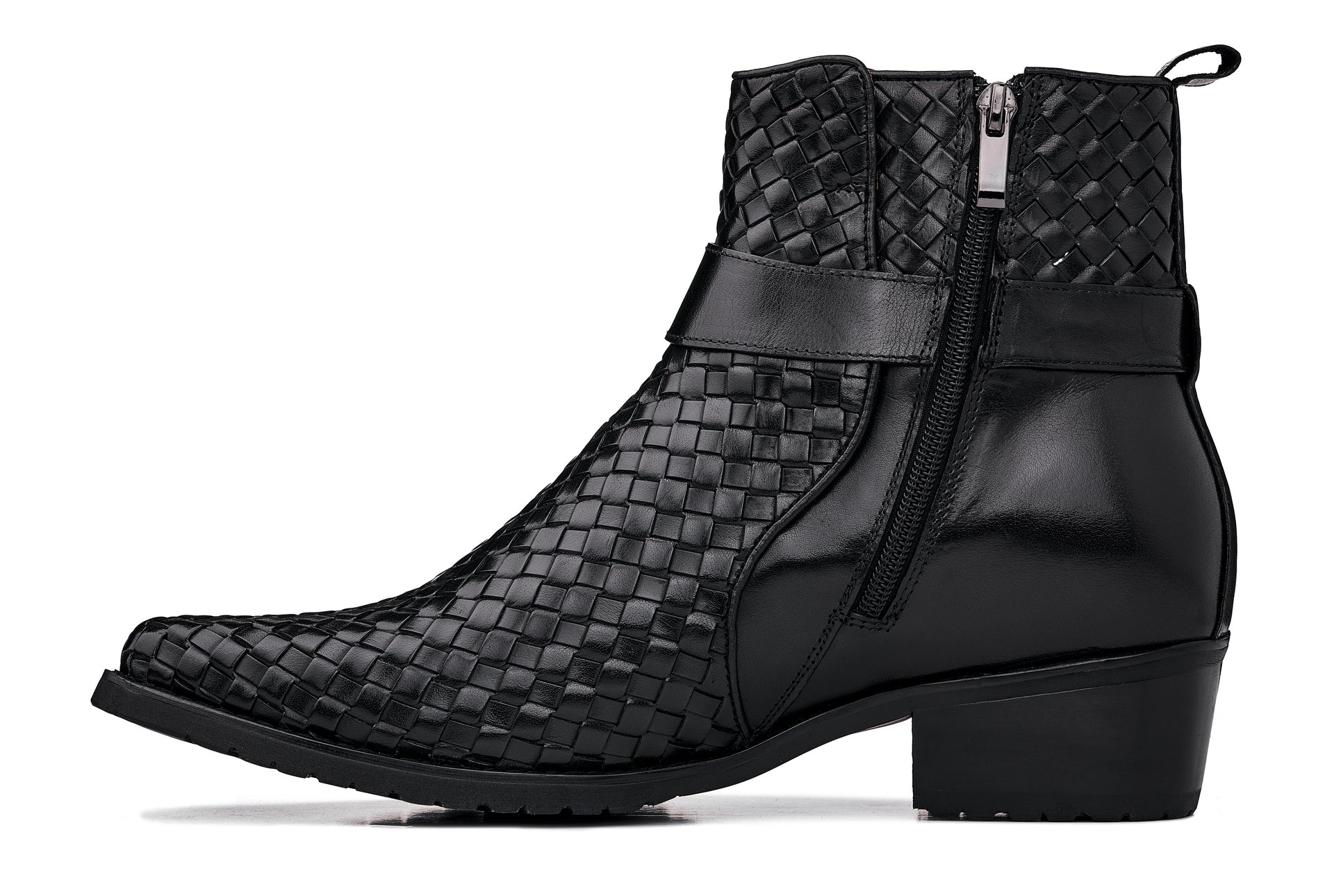 CALTO - K30523 - 3.3 Inches Taller (Black) - Woven High-Top Ankle Buckle Zipper Boots - WonderingCloth