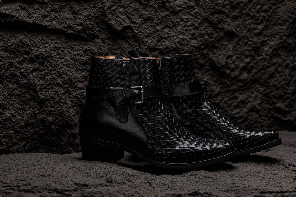 CALTO - K30523 - 3.3 Inches Taller (Black) - Woven High-Top Ankle Buckle Zipper Boots - WonderingCloth