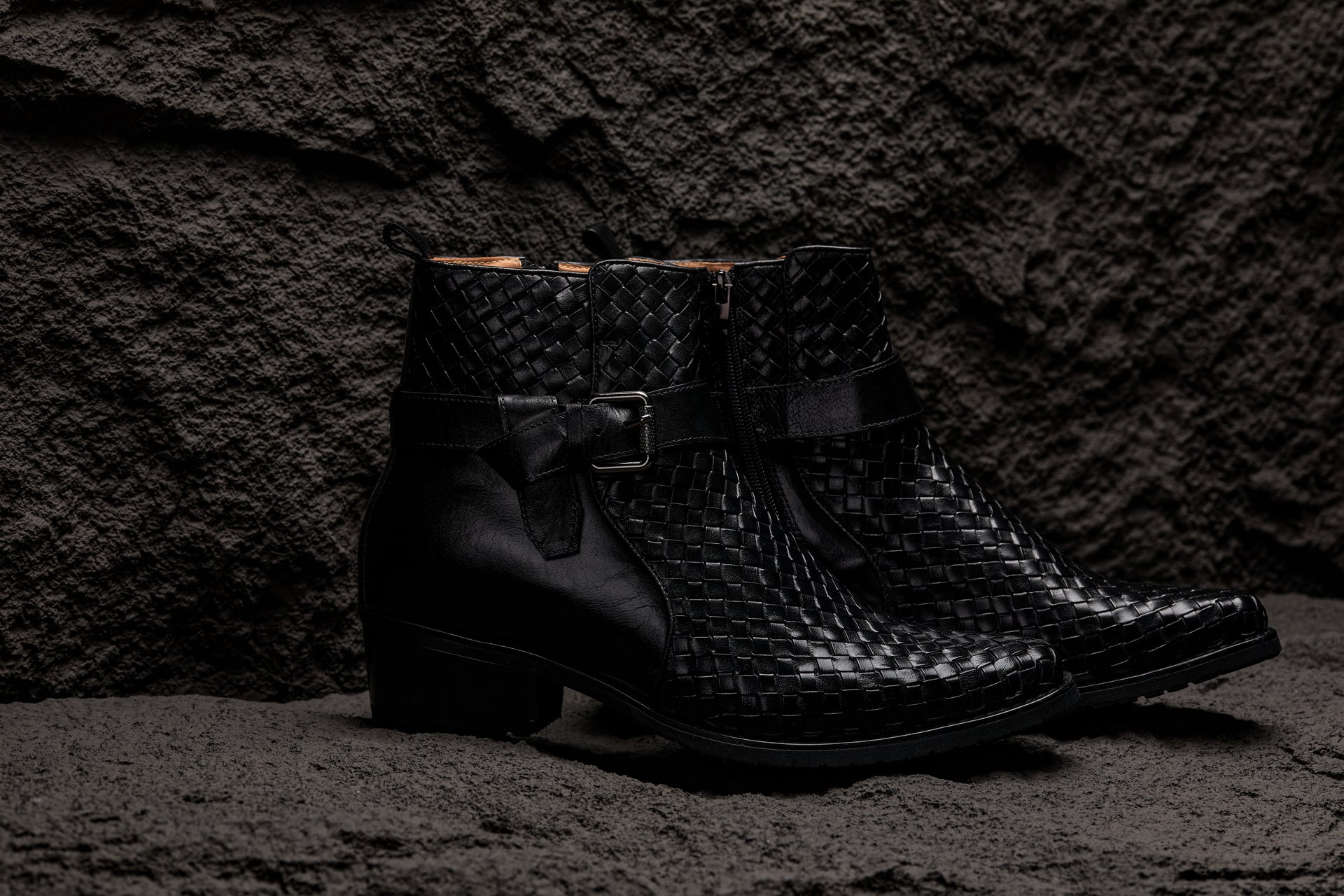 CALTO - K30523 - 3.3 Inches Taller (Black) - Woven High-Top Ankle Buckle Zipper Boots - WonderingCloth