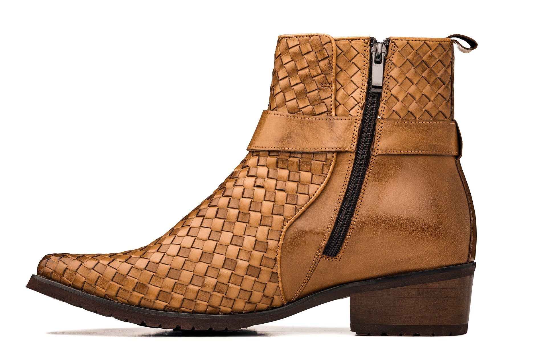 CALTO - K30524 - 3.3 Inches Taller (Light Brown) - Woven Buckle High-Top Ankle Zip-Up Boots - WonderingCloth