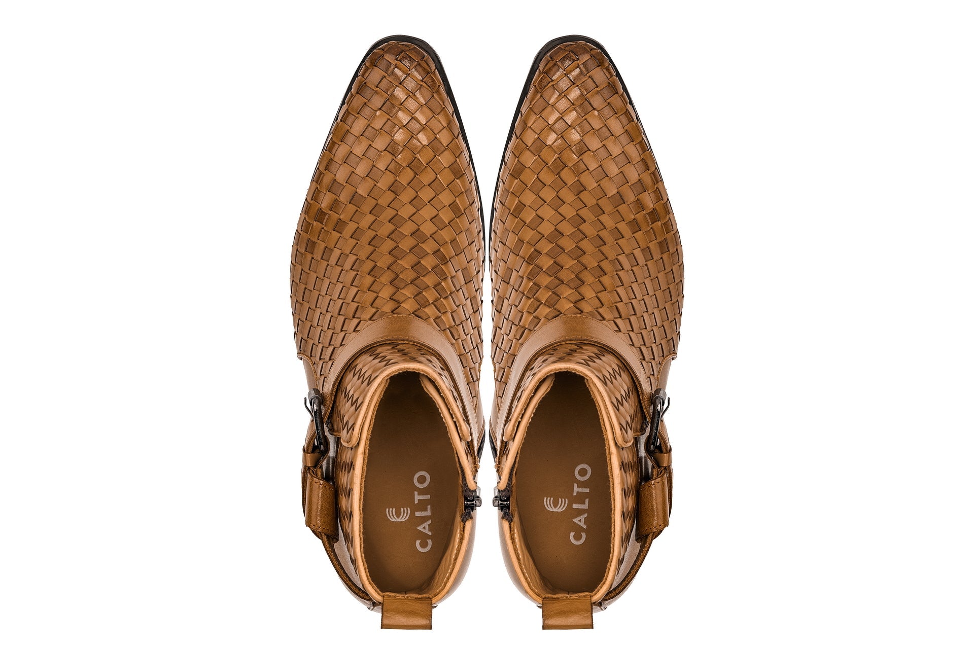CALTO - K30524 - 3.3 Inches Taller (Light Brown) - Woven Buckle High-Top Ankle Zip-Up Boots - WonderingCloth