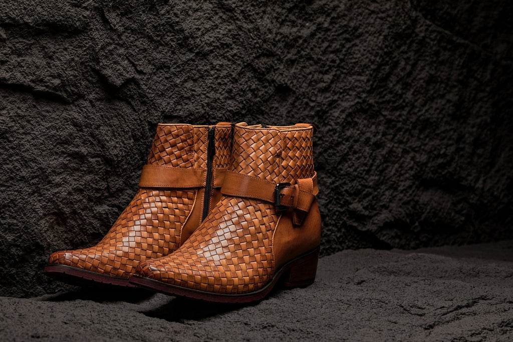 CALTO - K30524 - 3.3 Inches Taller (Light Brown) - Woven Buckle High-Top Ankle Zip-Up Boots - WonderingCloth