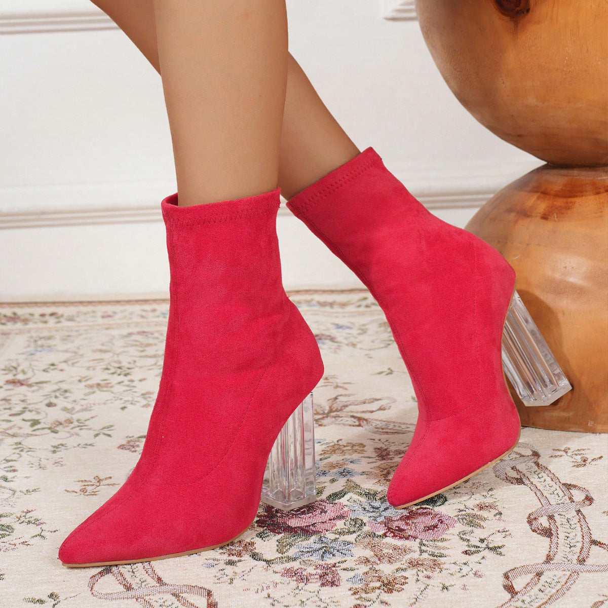 Chunky Heel Pointed Toe Boots Women Shoes Customized High Heel Women Shoes Autumn Winter Crystal Heel Elastic Women Mid Boots - WonderingCloth
