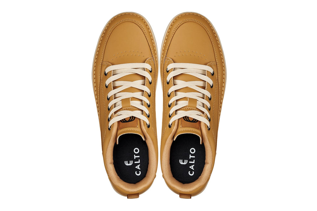 CALTO - Q274  - 2 Inches Taller (Camel Brown & Gum Sole) - Elevated Leatherette Micro-Perforated Sneakers - WonderingCloth