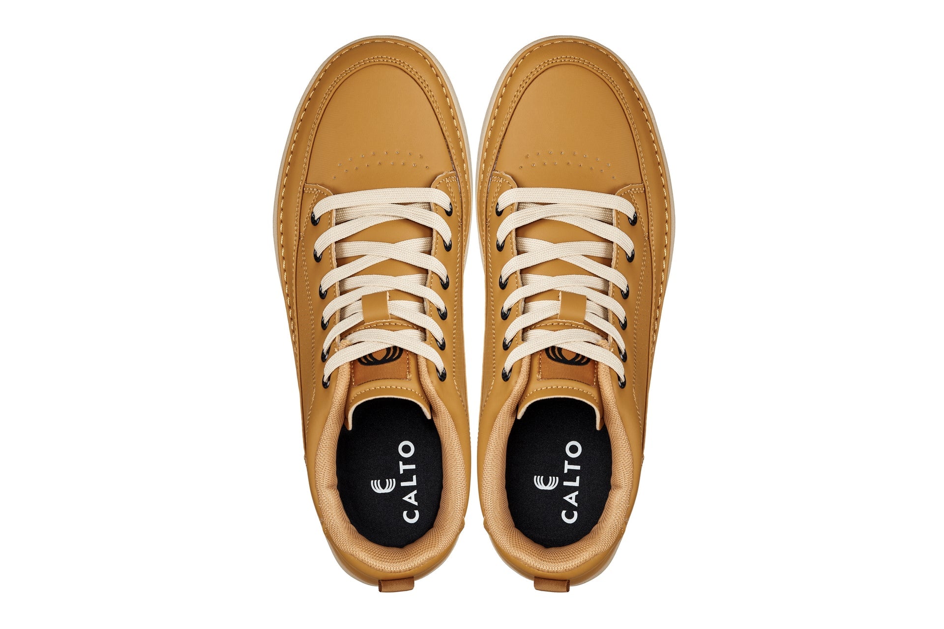 CALTO - Q274  - 2 Inches Taller (Camel Brown & Gum Sole) - Elevated Leatherette Micro-Perforated Sneakers - WonderingCloth