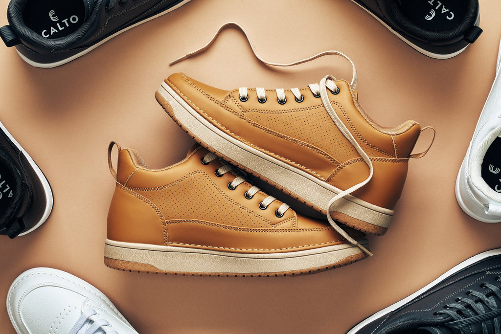 CALTO - Q274  - 2 Inches Taller (Camel Brown & Gum Sole) - Elevated Leatherette Micro-Perforated Sneakers - WonderingCloth