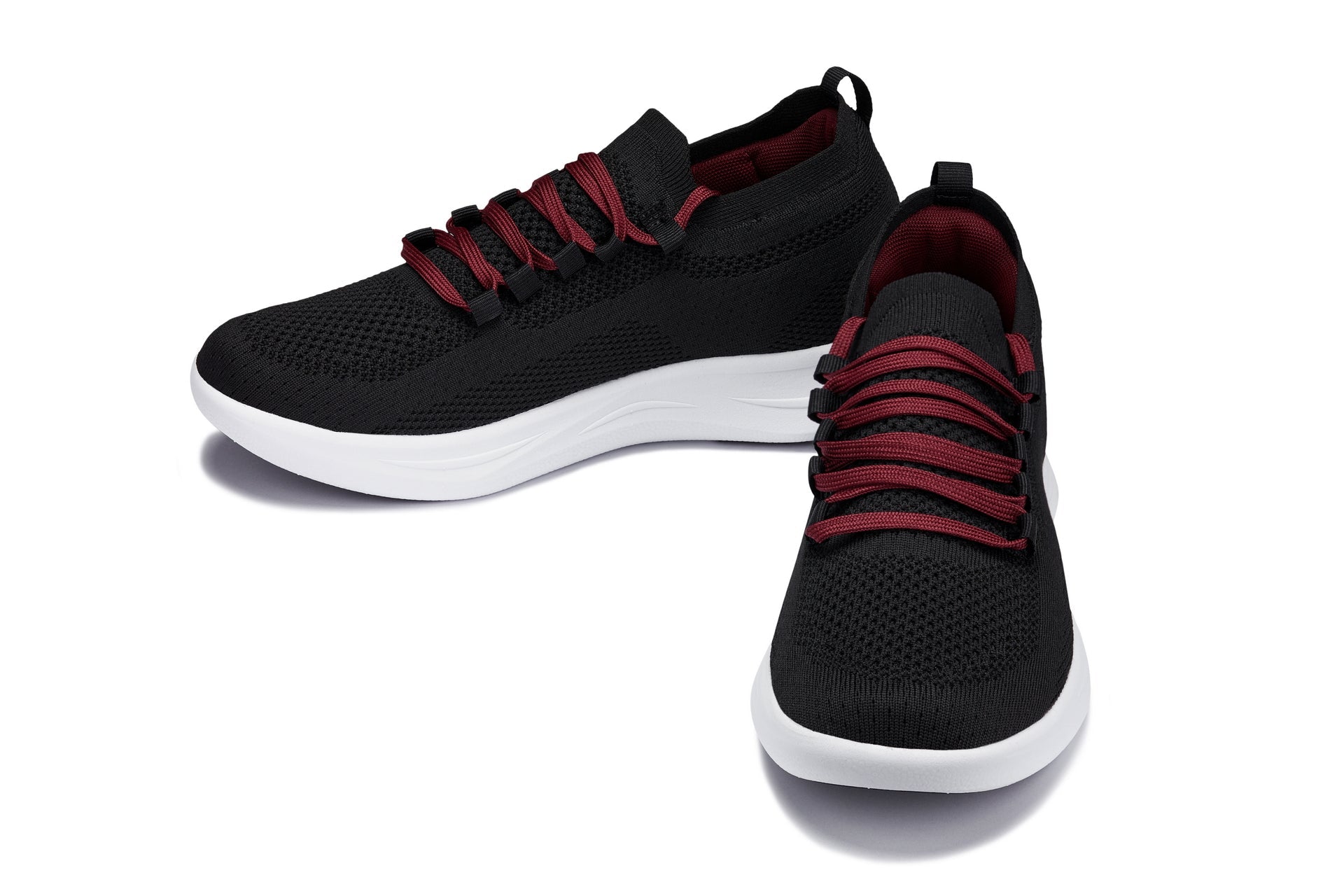 CALTO - QA064 - 2.4 Inches Taller (Black/Red/White Sole) - Lightweight Knitted Sneakers - WonderingCloth