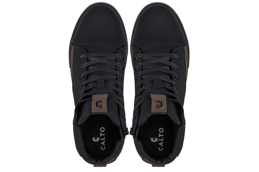 CALTO - S3422 - 2.4 Inches Taller (Black/Coffee Brown) - Cap Toe High Top Zip-Up Sneaker Boots - WonderingCloth