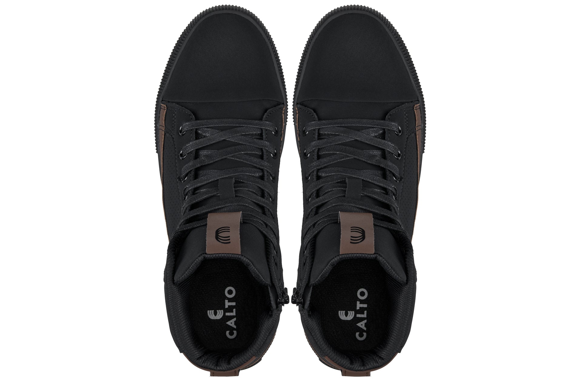 CALTO - S3422 - 2.4 Inches Taller (Black/Coffee Brown) - Cap Toe High Top Zip-Up Sneaker Boots - WonderingCloth