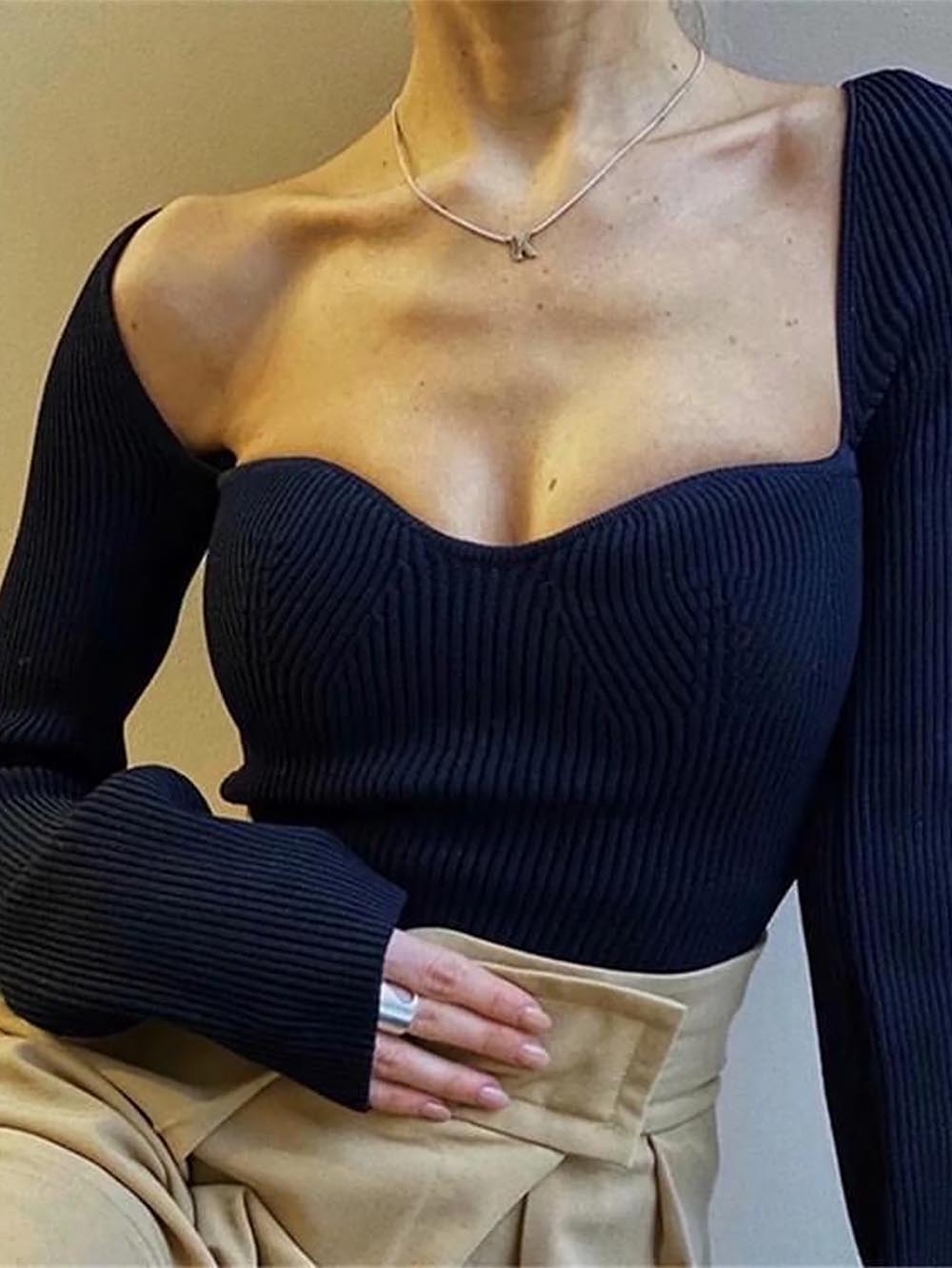 Square Collar Irregular Long Sleeve Woman Sweaters | NCS - WonderingCloth