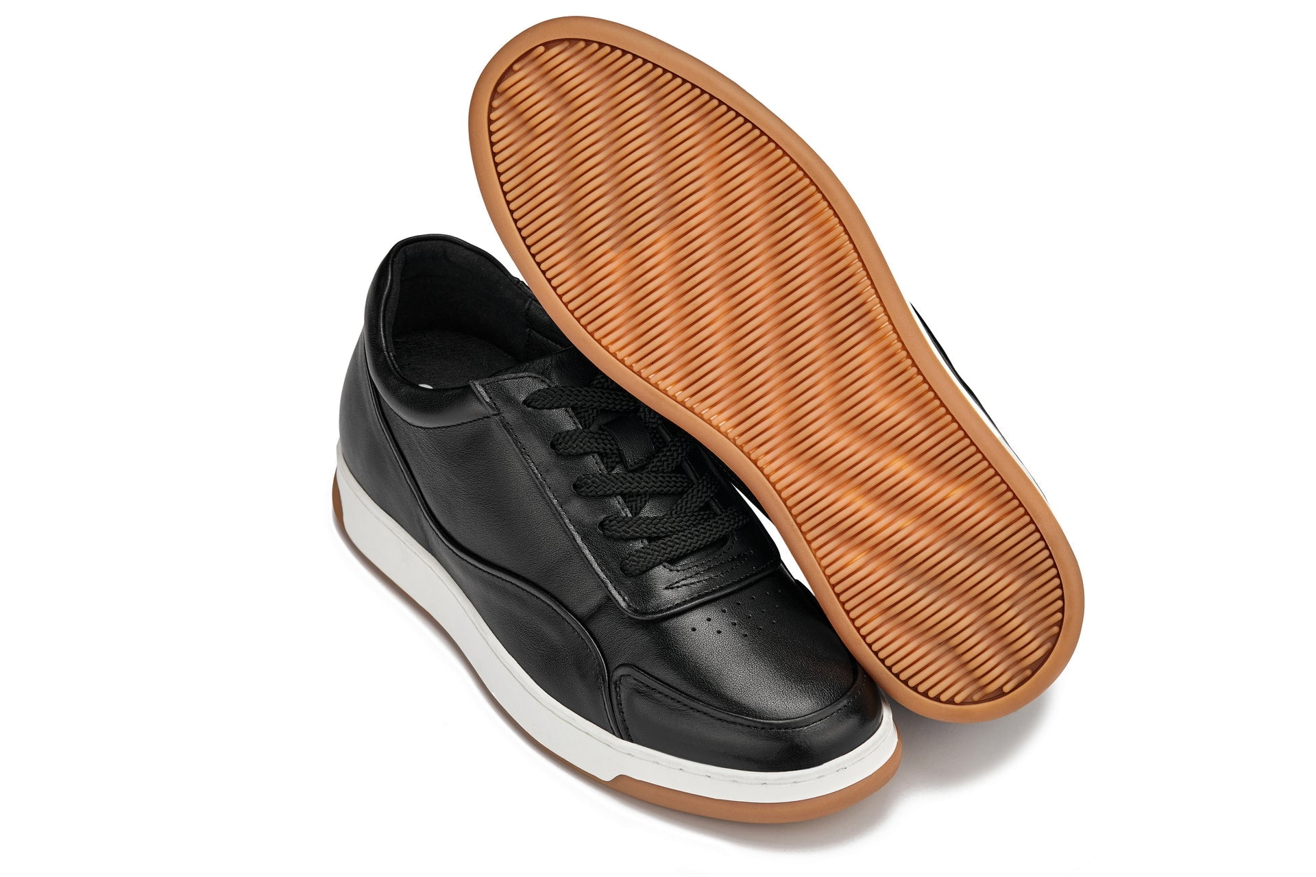 CALTO - Y7885 - 2.6 Inches Taller (Black/White & Gum Sole) - Elevated Leather Sneakers - WonderingCloth