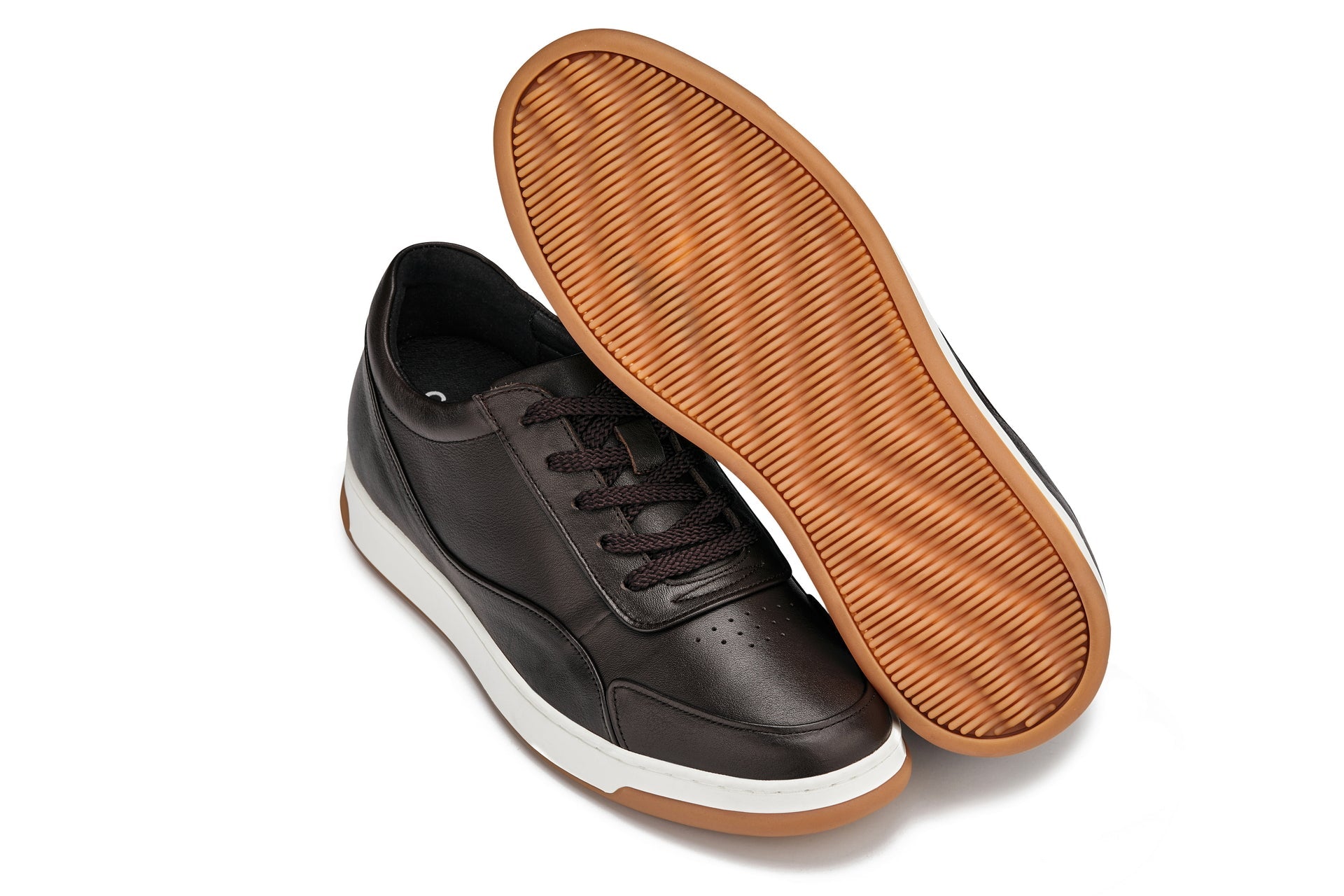 CALTO - Y7887 - 2.6 Inches Taller (Deep Espresso/White & Gum Sole) - Elevated Leather Sneakers - WonderingCloth