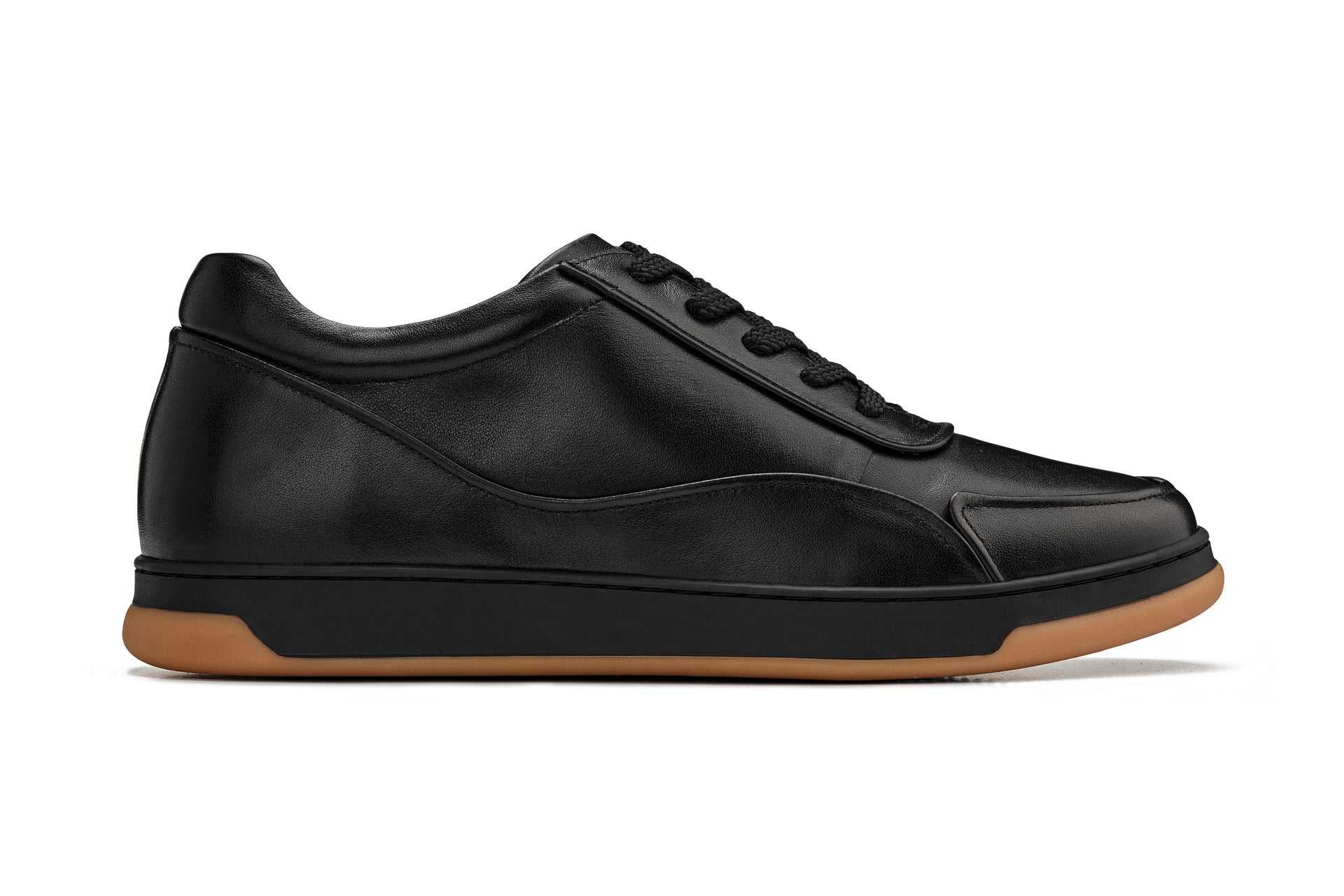 CALTO - Y7888 - 2.6 Inches Taller (Noir/Black & Gum Sole) - Elevated Leather Sneakers - WonderingCloth