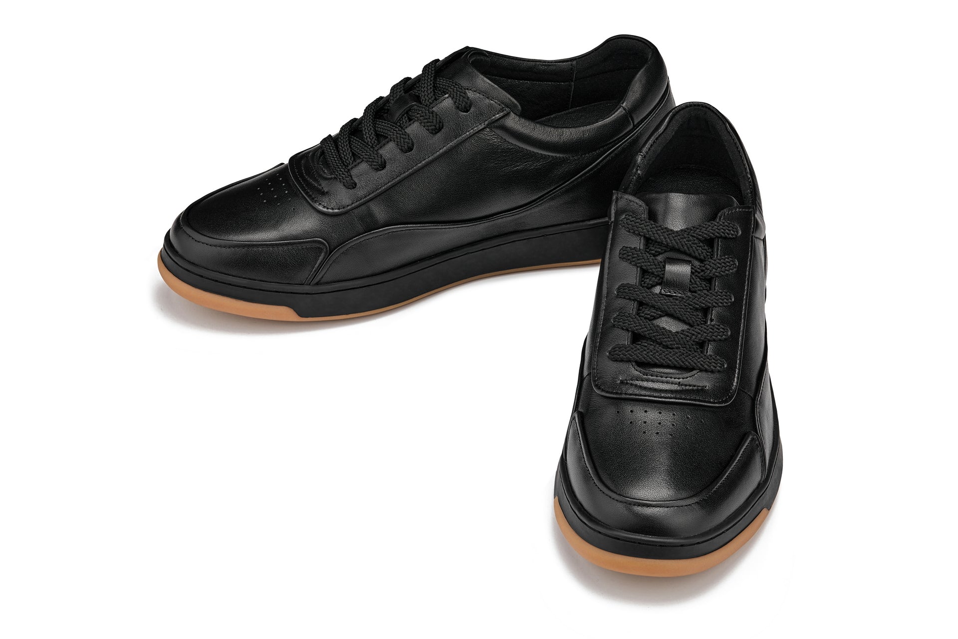 CALTO - Y7888 - 2.6 Inches Taller (Noir/Black & Gum Sole) - Elevated Leather Sneakers - WonderingCloth