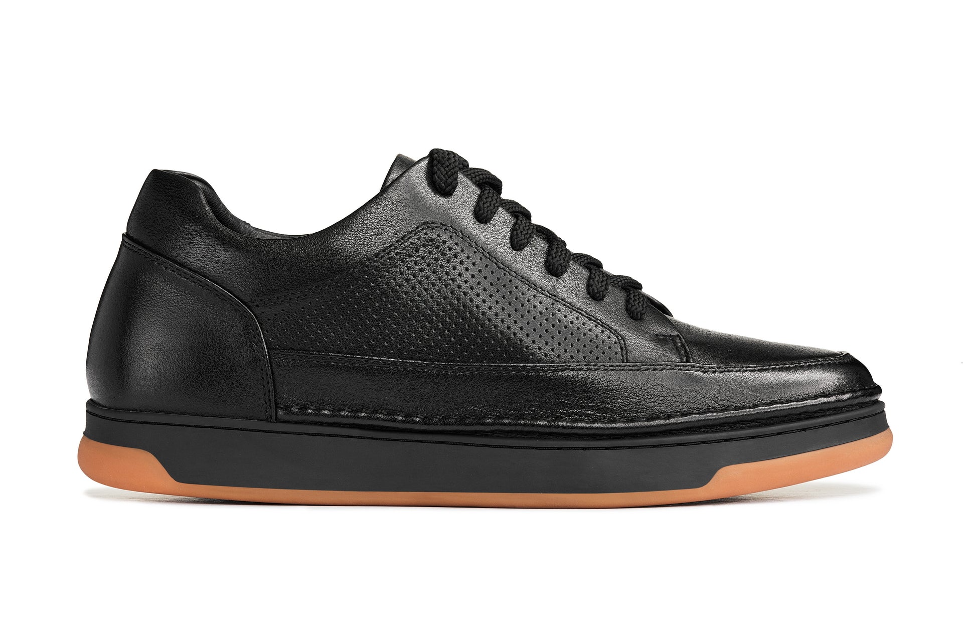 CALTO - Y7931 - 2.6 Inches Taller (Noir/Black & Gum Sole) - Elevated Leather Micro-Perforated Sneakers - WonderingCloth