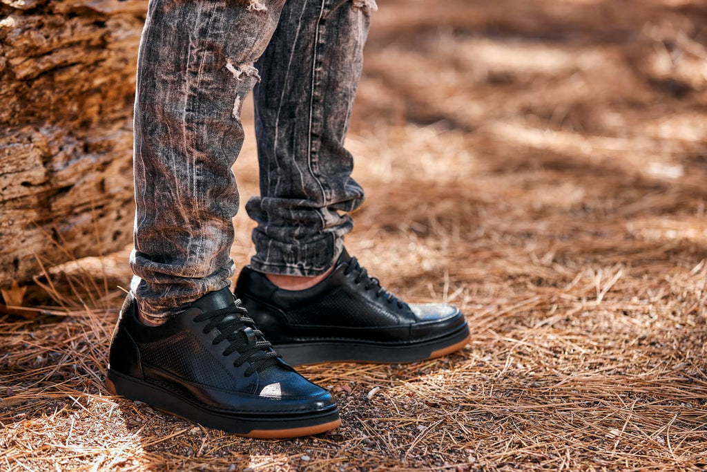 CALTO - Y7931 - 2.6 Inches Taller (Noir/Black & Gum Sole) - Elevated Leather Micro-Perforated Sneakers - WonderingCloth
