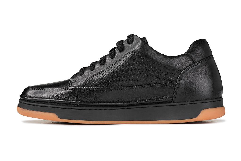 CALTO - Y7931 - 2.6 Inches Taller (Noir/Black & Gum Sole) - Elevated Leather Micro-Perforated Sneakers - WonderingCloth