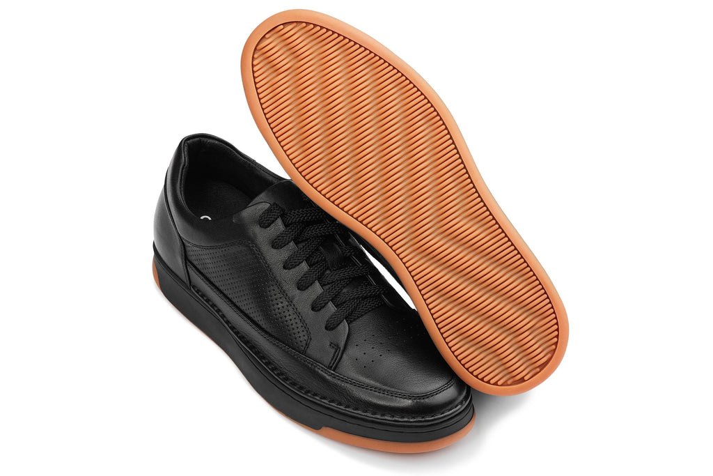 CALTO - Y7931 - 2.6 Inches Taller (Noir/Black & Gum Sole) - Elevated Leather Micro-Perforated Sneakers - WonderingCloth