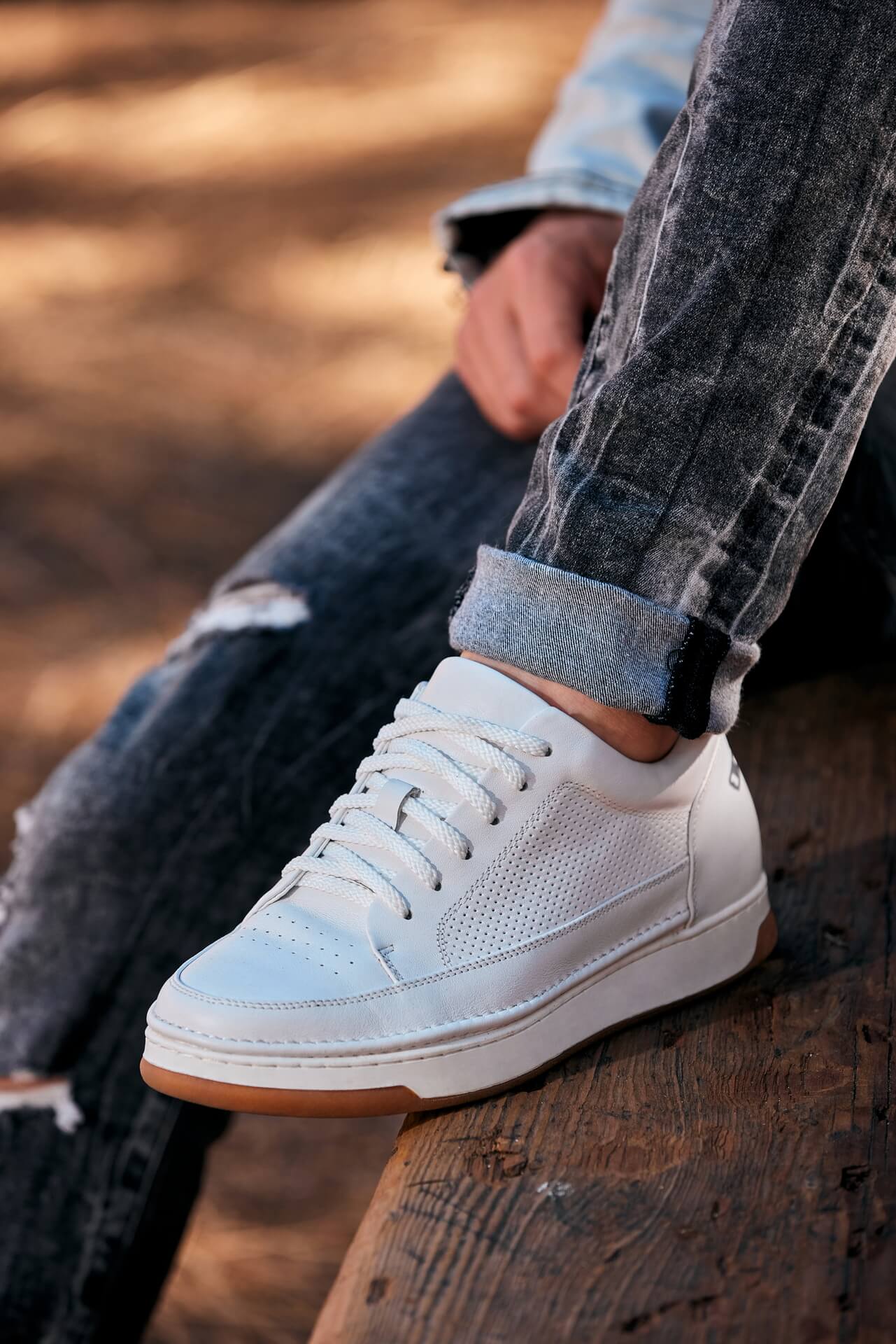 CALTO - Y7932 - 2.6 Inches Taller (White/Off-White & Gum Sole) - Elevated Micro-Perforated Leather Sneakers - WonderingCloth