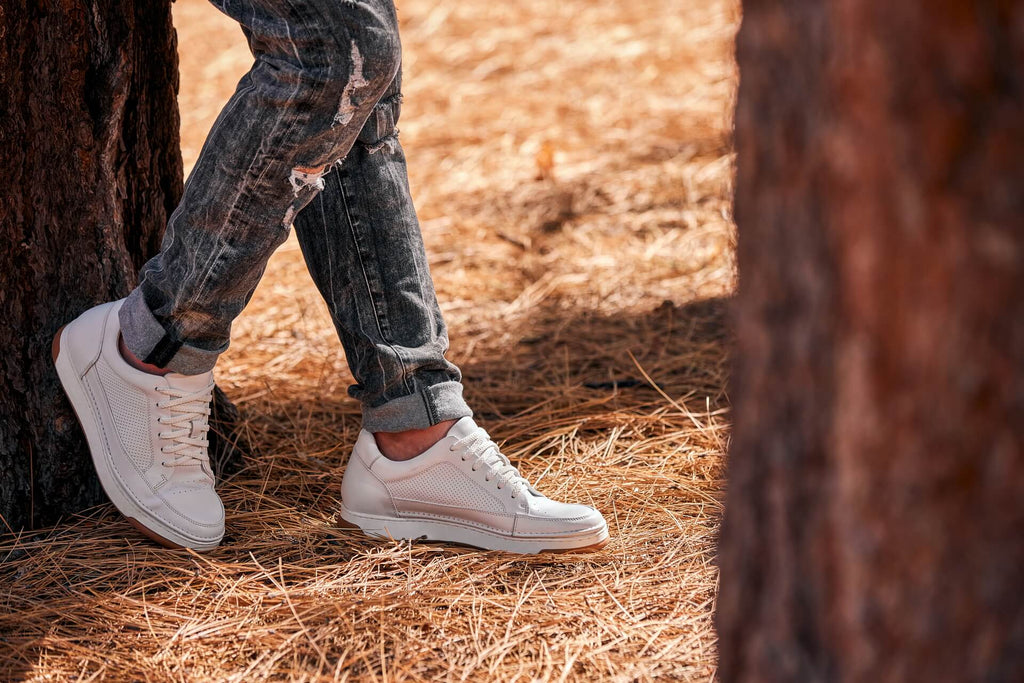 CALTO - Y7932 - 2.6 Inches Taller (White/Off-White & Gum Sole) - Elevated Micro-Perforated Leather Sneakers - WonderingCloth