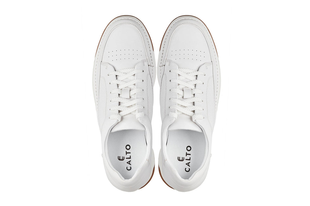 CALTO - Y7932 - 2.6 Inches Taller (White/Off-White & Gum Sole) - Elevated Micro-Perforated Leather Sneakers - WonderingCloth