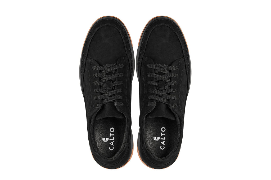CALTO - Y7933 - 2.6 Inches Taller (Noir Suede/Black & Gum Sole) - Elevated Suede Sneakers - WonderingCloth