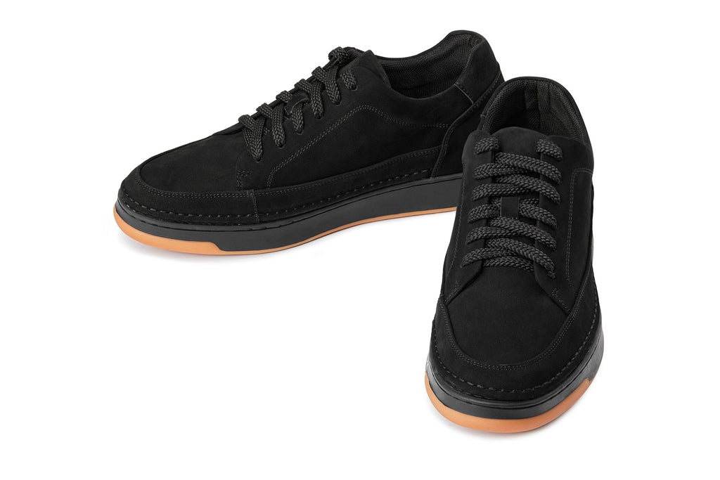 CALTO - Y7933 - 2.6 Inches Taller (Noir Suede/Black & Gum Sole) - Elevated Suede Sneakers - WonderingCloth