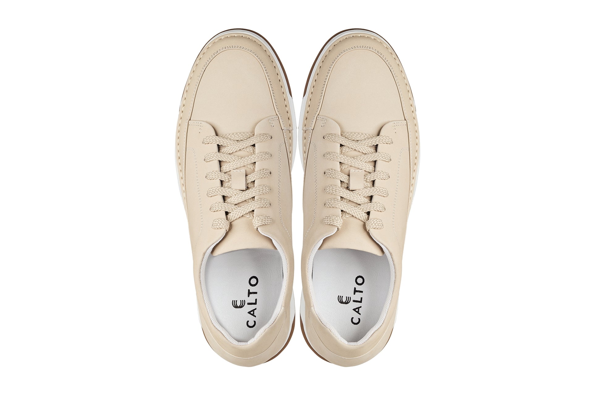 CALTO - Y7934 - 2.6 Inches Taller (Ivory White Suede/White & Gum Sole) - Elevated Leather Sneakers - WonderingCloth