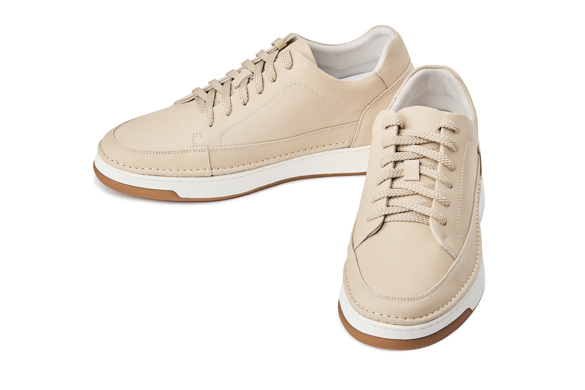 CALTO - Y7934 - 2.6 Inches Taller (Ivory White Suede/White & Gum Sole) - Elevated Leather Sneakers - WonderingCloth