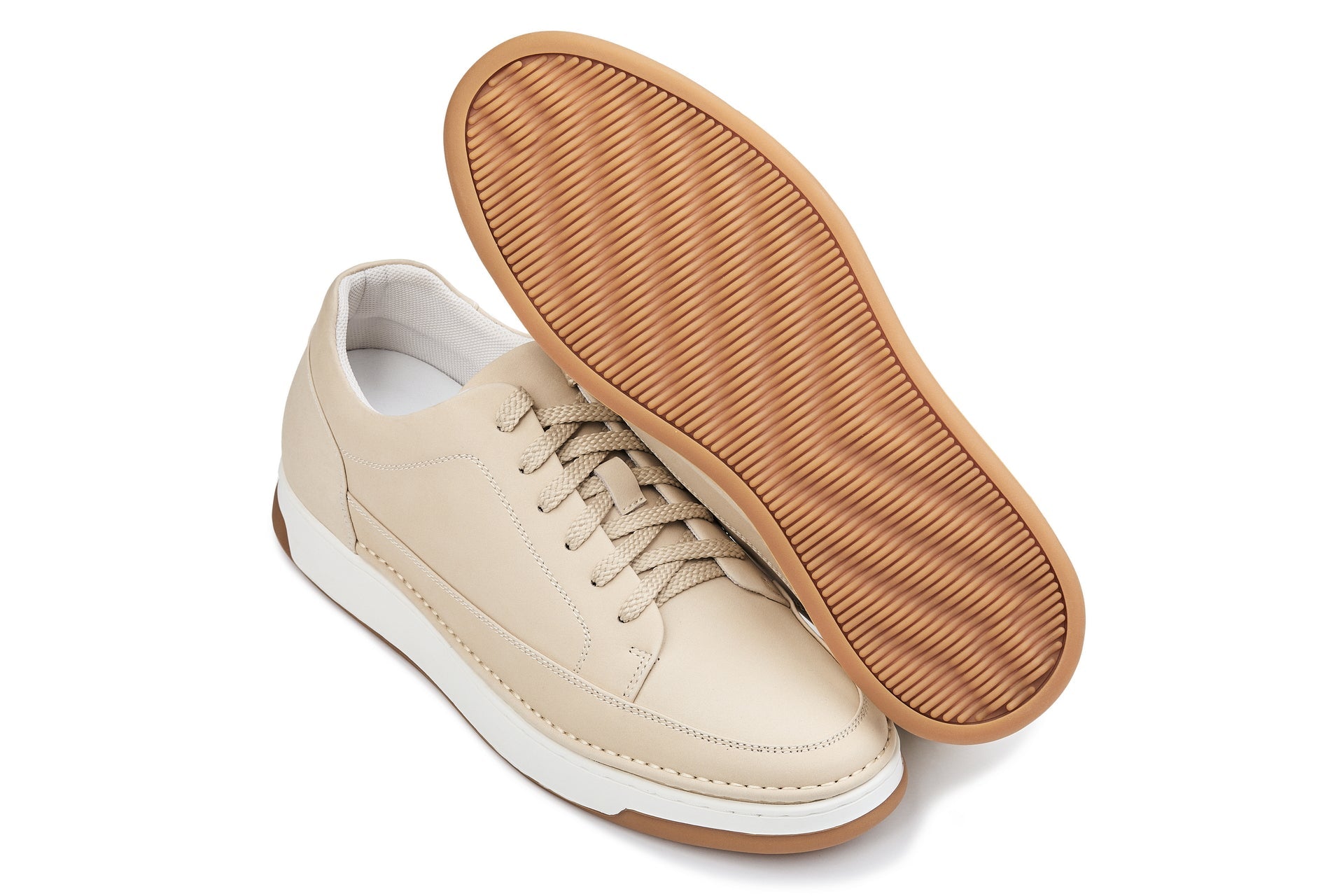 CALTO - Y7934 - 2.6 Inches Taller (Ivory White Suede/White & Gum Sole) - Elevated Leather Sneakers - WonderingCloth