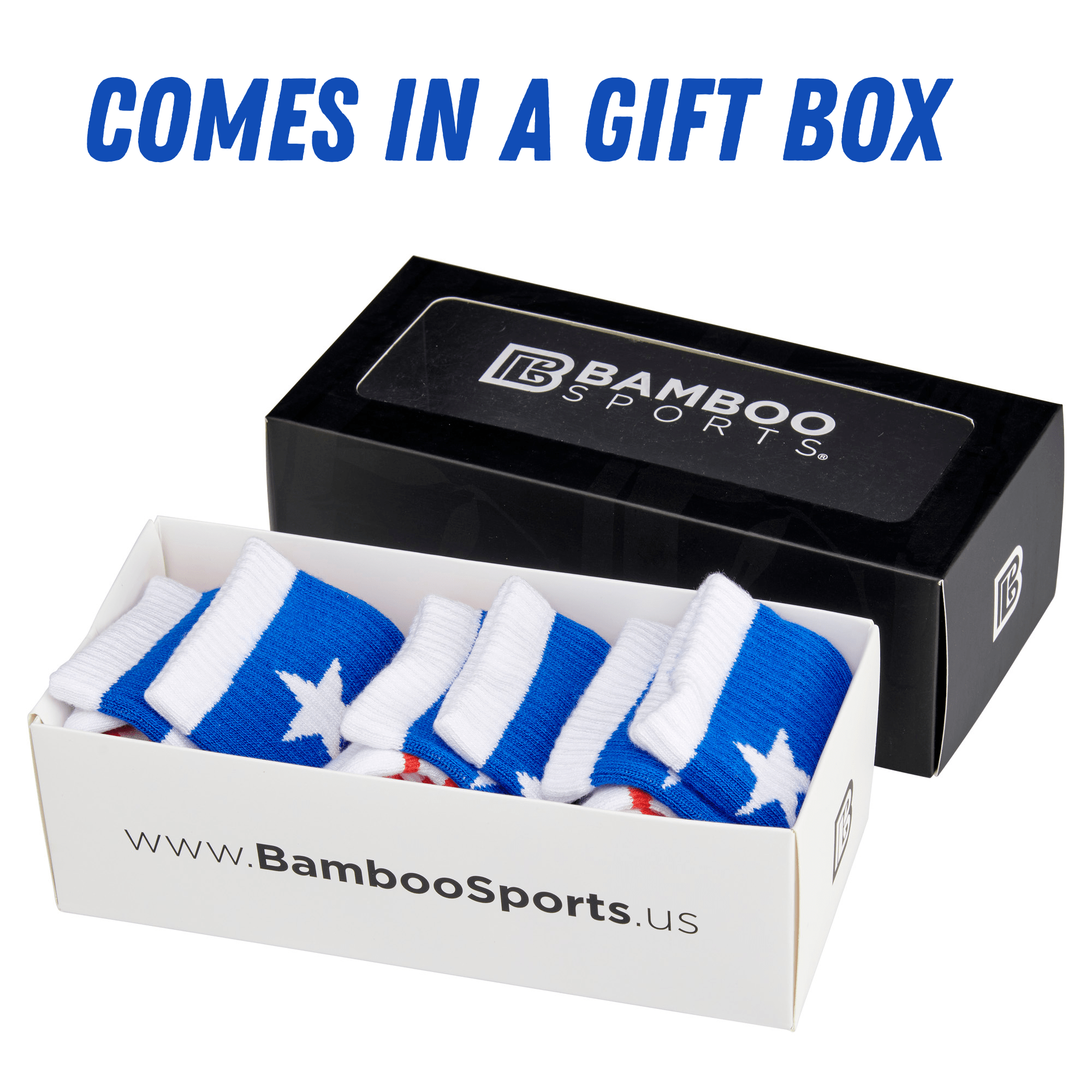 Bamboo Sports Red White and Blue Premium Bamboo Rayon Crew Work Socks- Moisture Wicking, Odor Eliminating Red, White, and Blue American Flag 4th of July Socks for Men and Women Gift Box 3 Pair - WonderingCloth