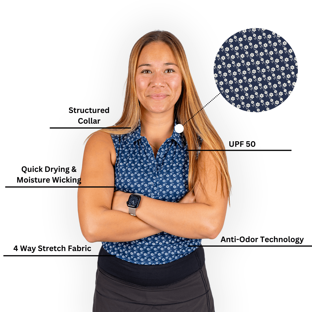Blue Floral Women's Polo (Sleeveless) - WonderingCloth