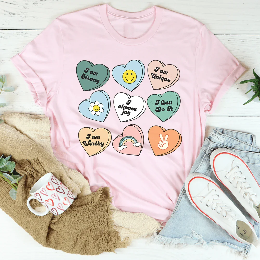 Candy Hearts Positivity Affirmations Tee - WonderingCloth