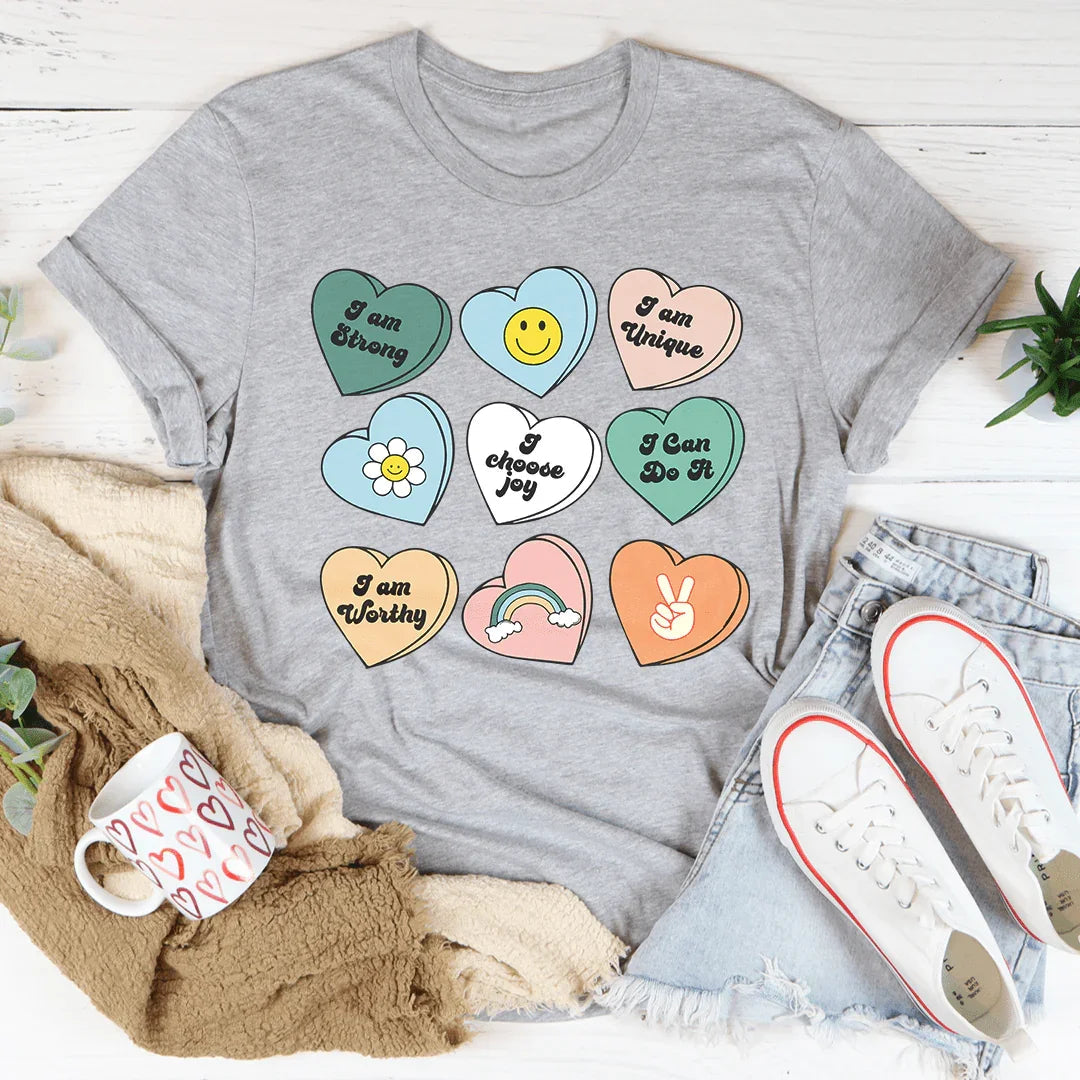 Candy Hearts Positivity Affirmations Tee - WonderingCloth
