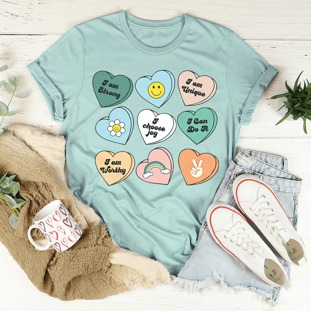 Candy Hearts Positivity Affirmations Tee - WonderingCloth