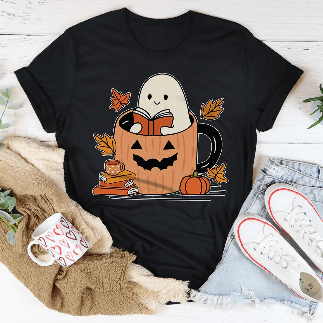 Cute Bookish Ghost In A Pumpkin Cup Tee - WonderingCloth