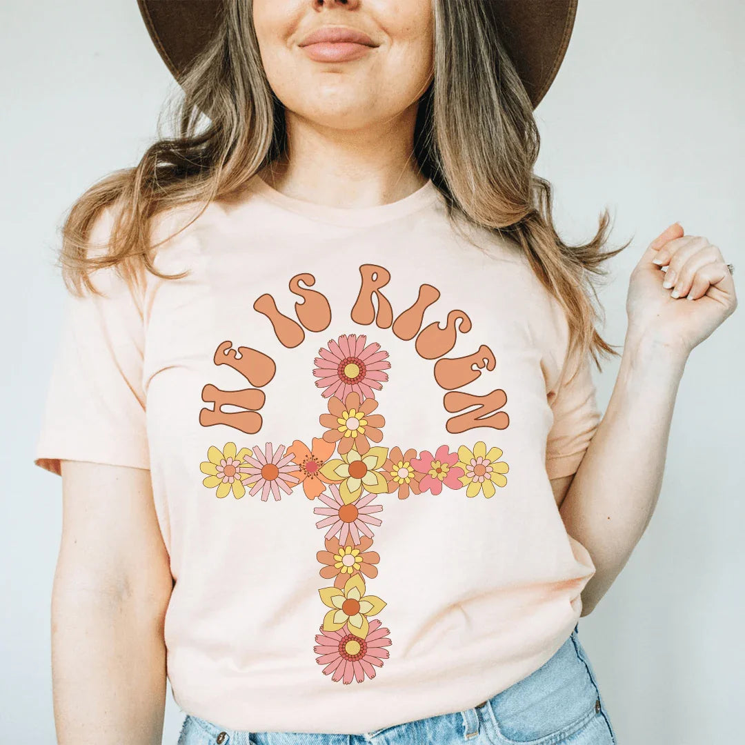 He Is Risen Floral Cross Tee - WonderingCloth