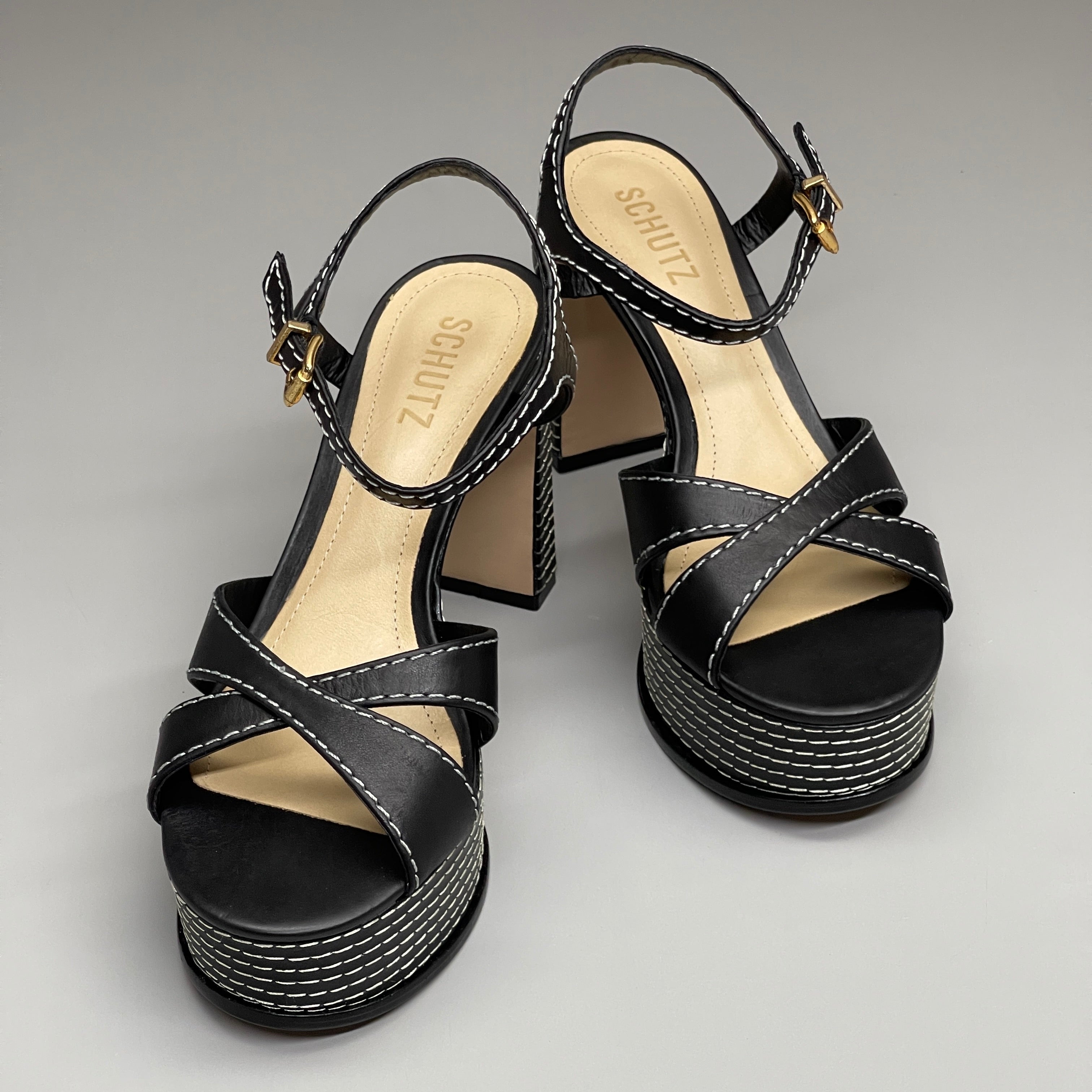 SCHUTZ Keefa Casual Women's Leather Sandal Black Platform 4" Heel Shoes Sz 8.5B - WonderingCloth